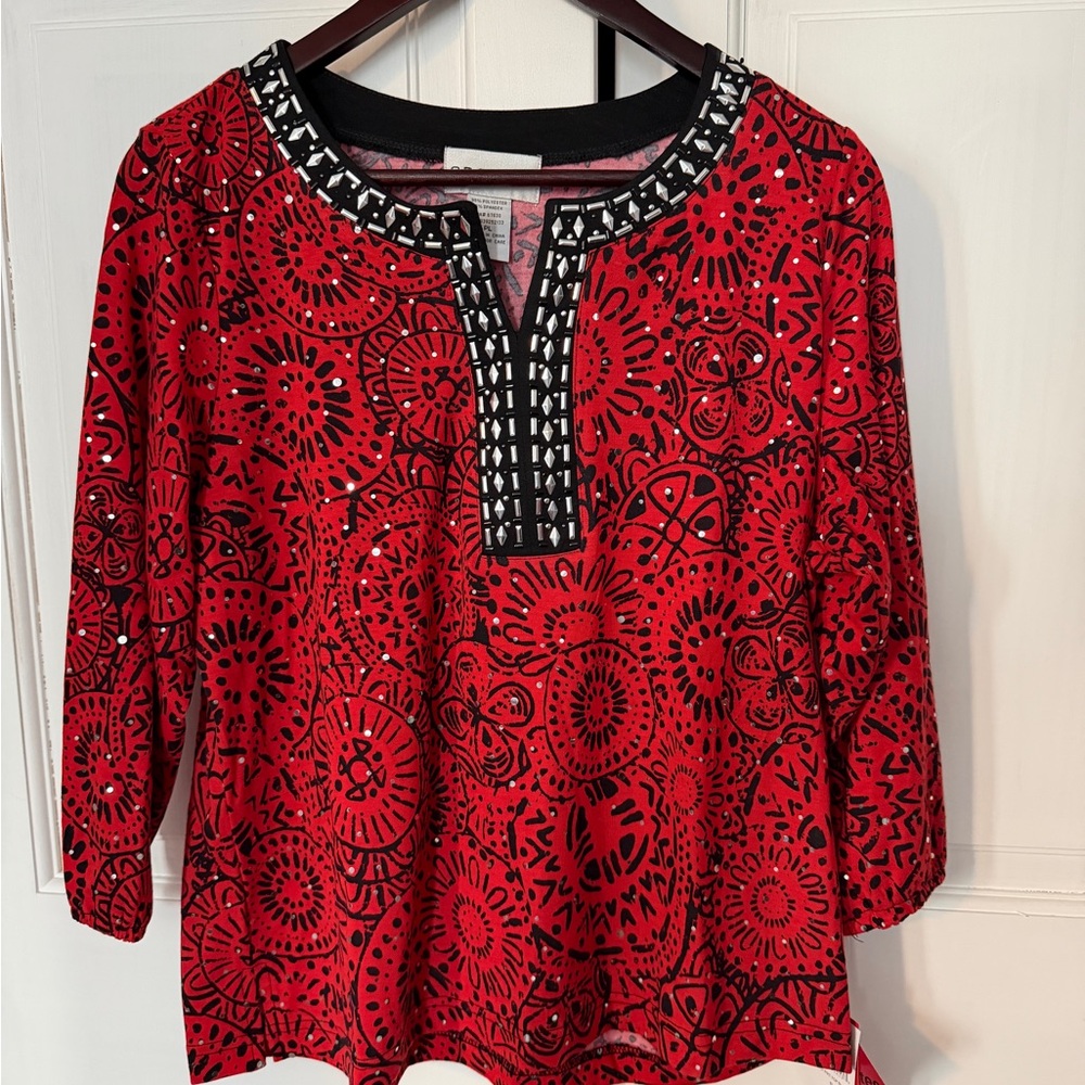 C D Petites Red and Black Women's Tunic NWT
